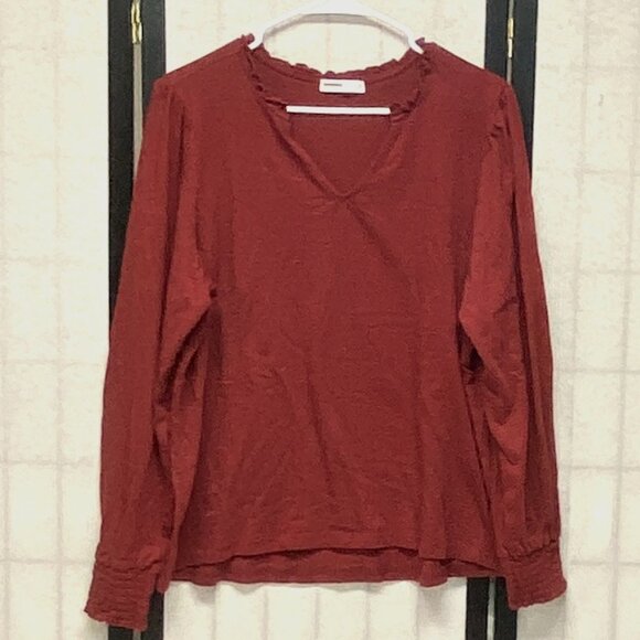 Sonoma Tops - Sonoma Ruffle Open V-Neck Knit Top Long Sleeve Shirred Cuff Blouse Rust XL